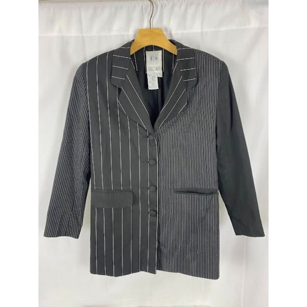 Vintage Together Black Pin Stripe Button Down Blazer Jacket Women's 2